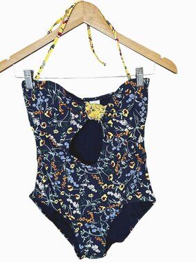 Anne Cole One Piece Swimsuit Size 8 Navy Floral Cut-out Halter Bandeau